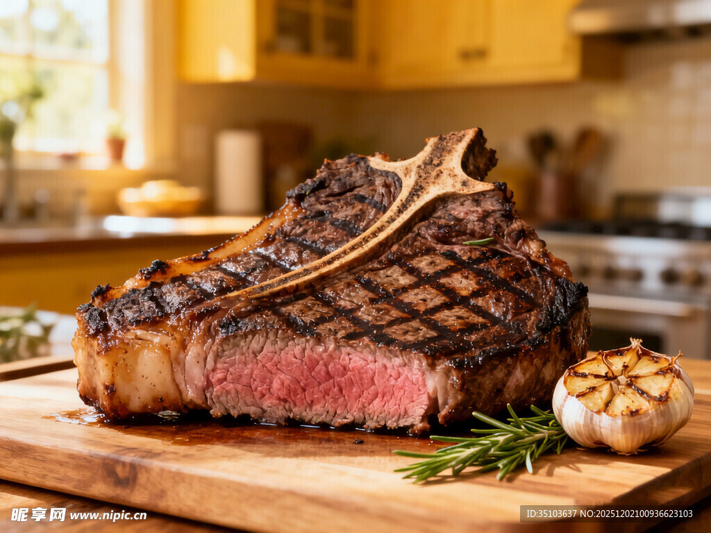 美味战斧牛排置于砧板上