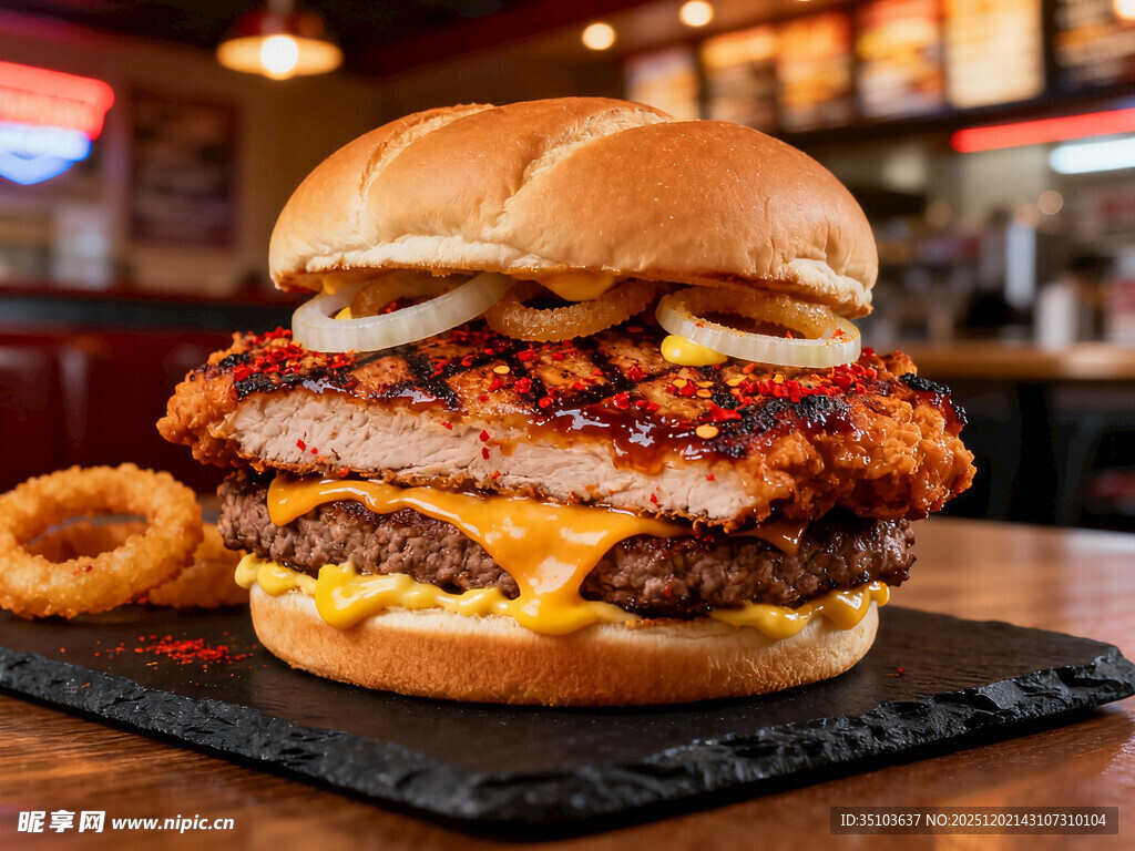 美味多层汉堡搭配炸洋葱圈