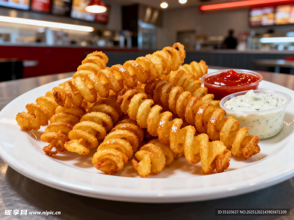 美味螺旋薯条配蘸酱