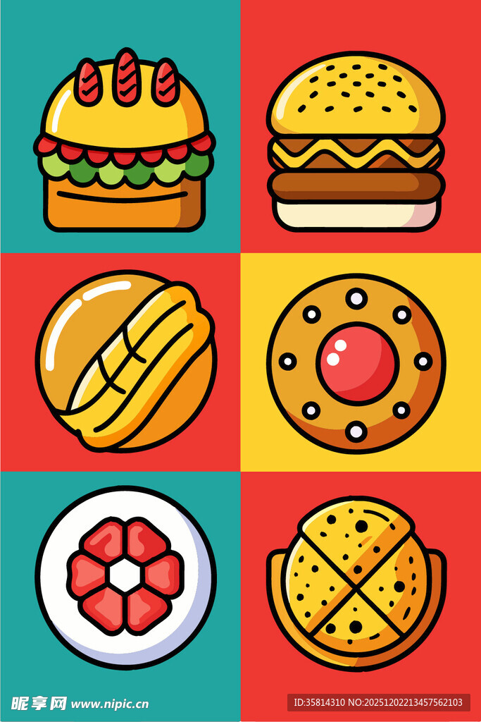 多彩美味快餐图标集合