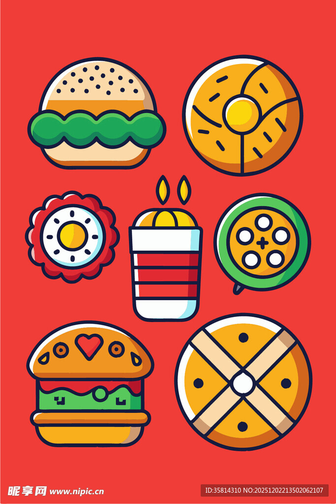 多彩卡通快餐图标集合