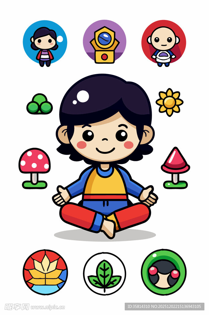 卡通小孩冥想及周边元素