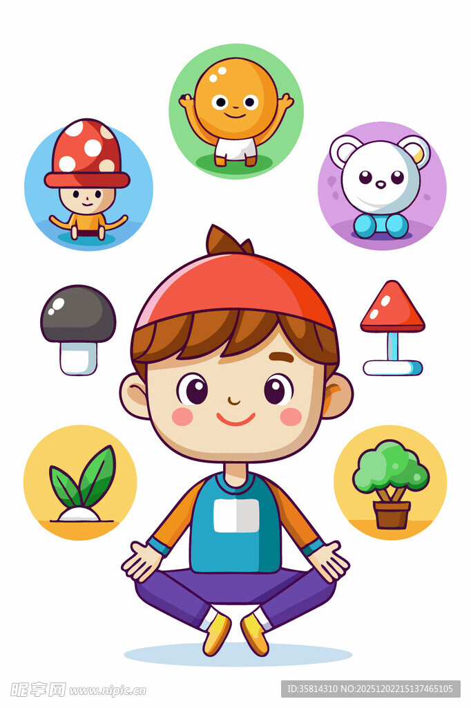 男孩与可爱卡通元素相伴
