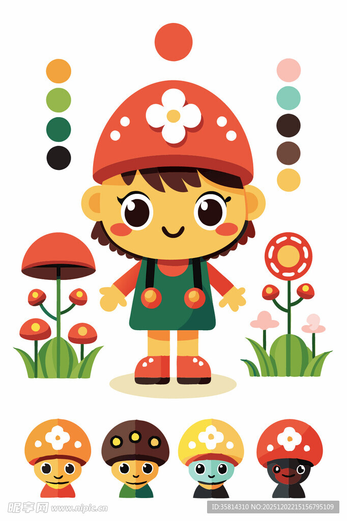 蘑菇女孩插画及周边元素