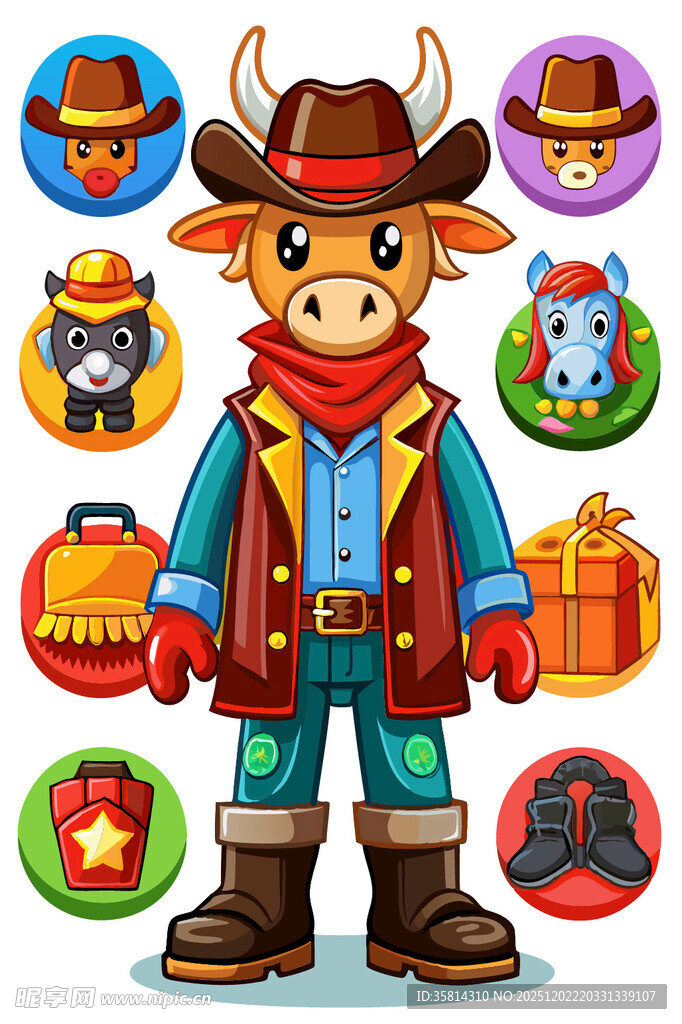 牛仔形象与多彩图标集合