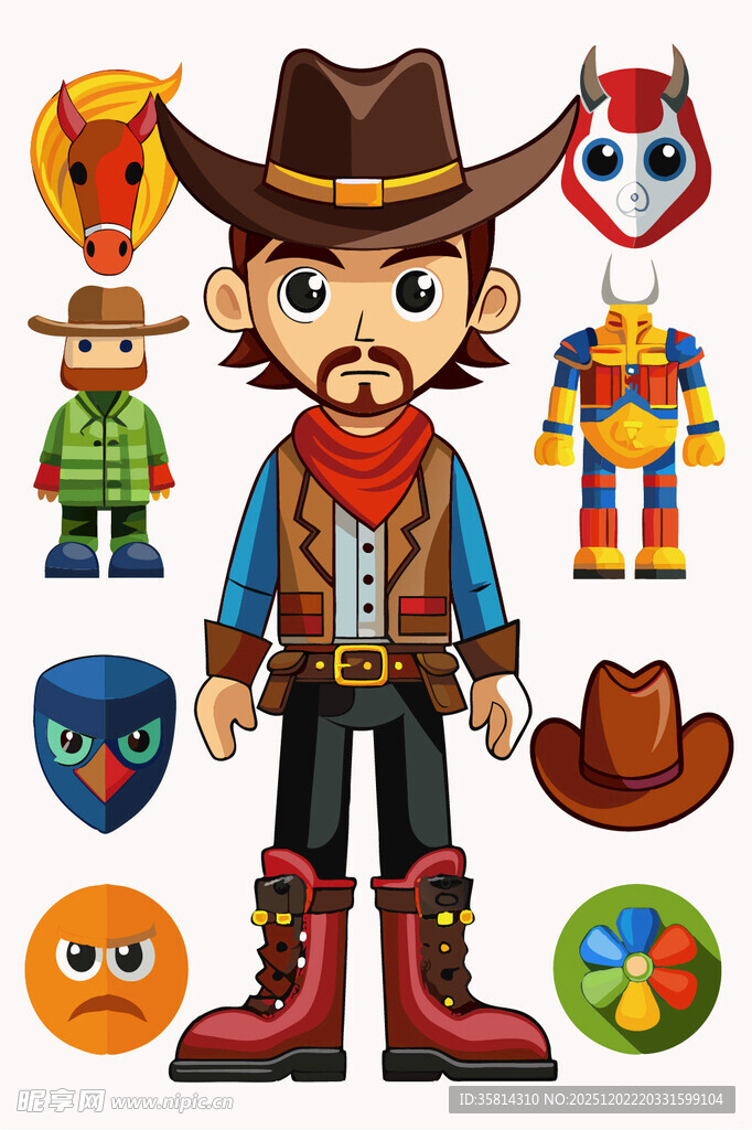 牛仔主题卡通角色与配饰