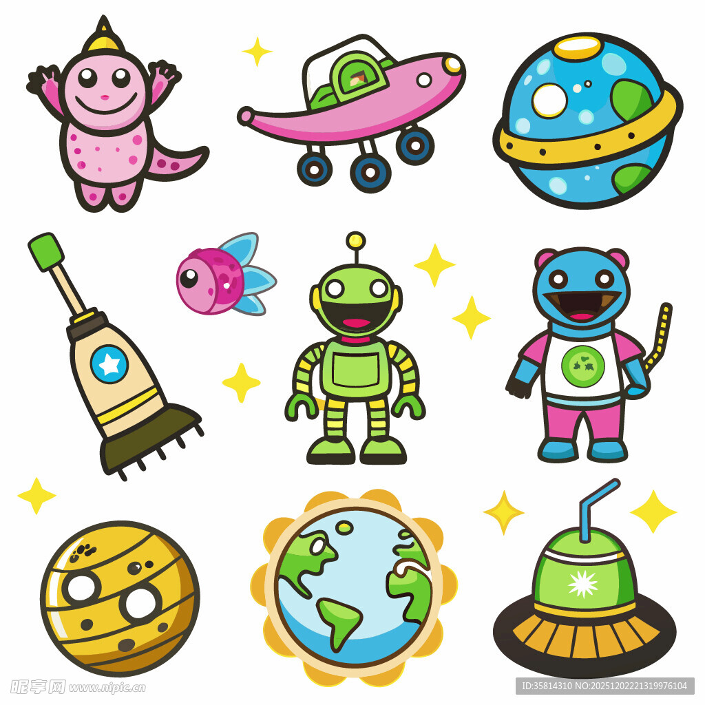 可爱卡通太空与机器人元素