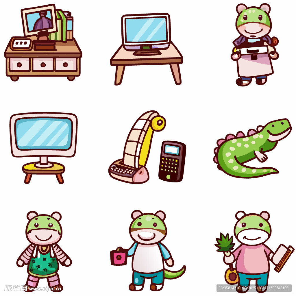 卡通鳄鱼的多样生活场景