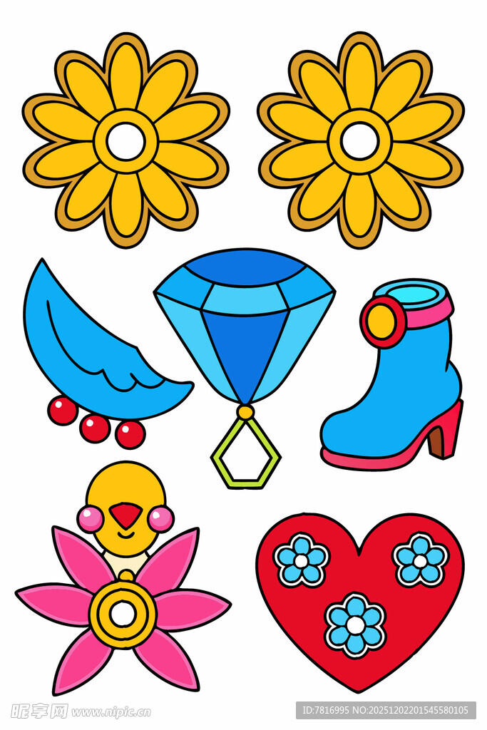 多彩卡通饰品与花朵图案