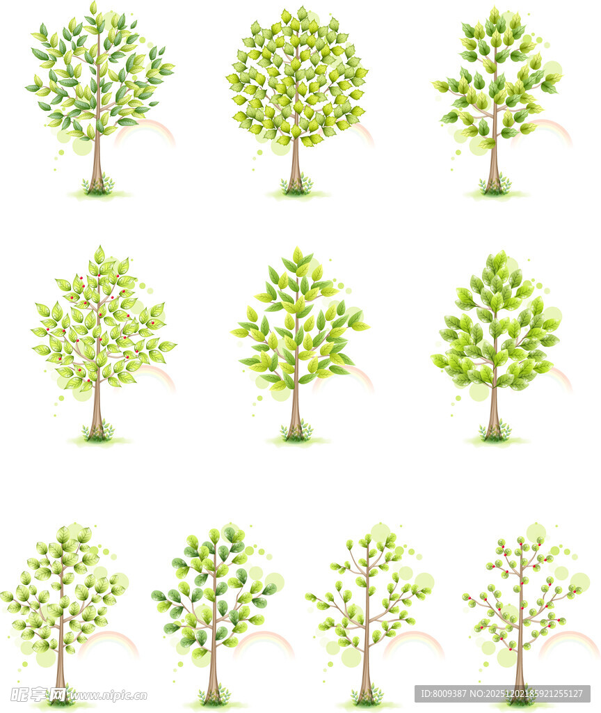 多样造型的绿色树木集合