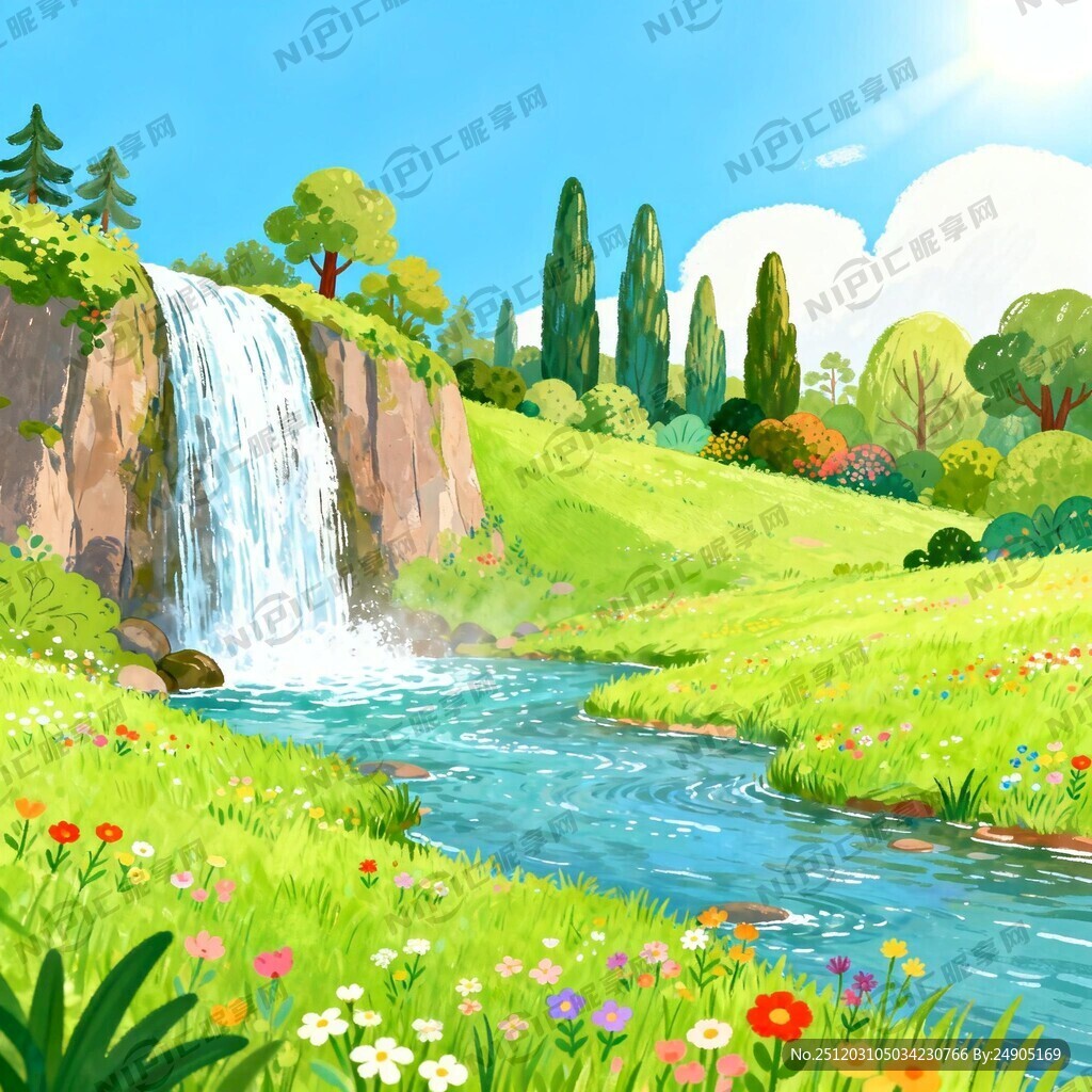 瀑布河流 平原草地 自然风光