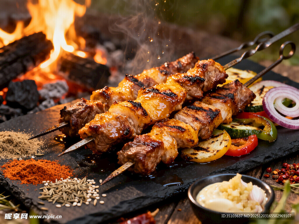 户外炭火上的美味烤肉串