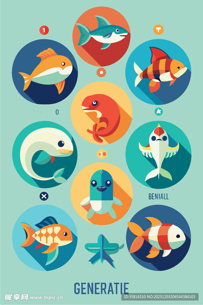 多彩海洋鱼类插画图案