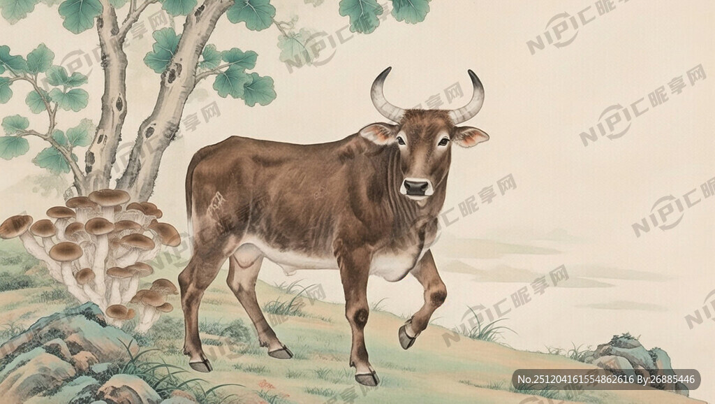 国风手绘牛和香菇