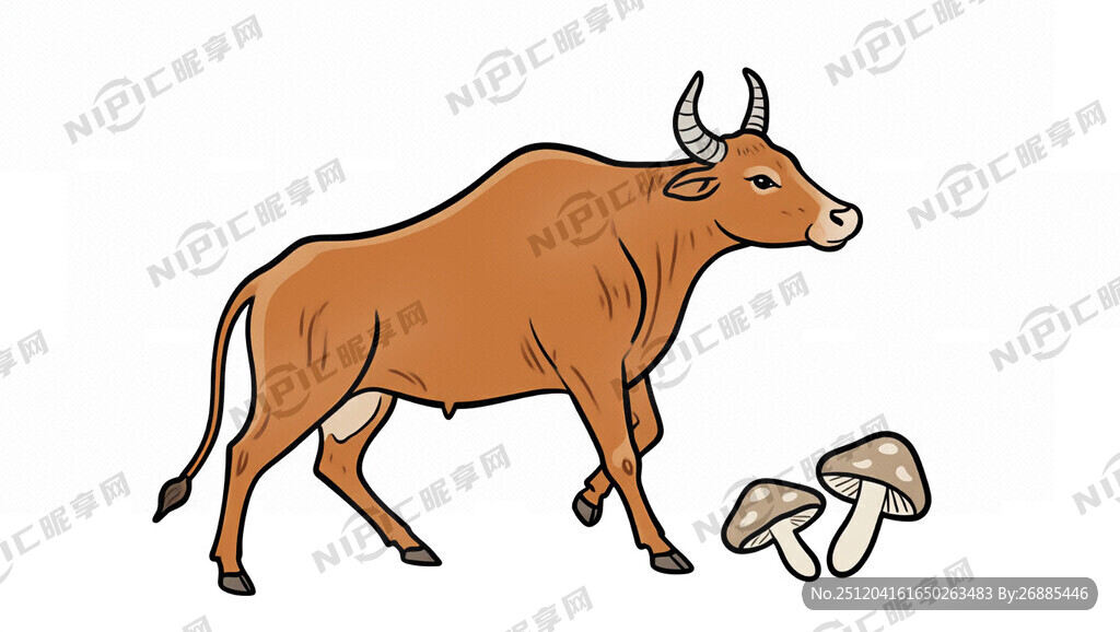 国风手绘牛和香菇