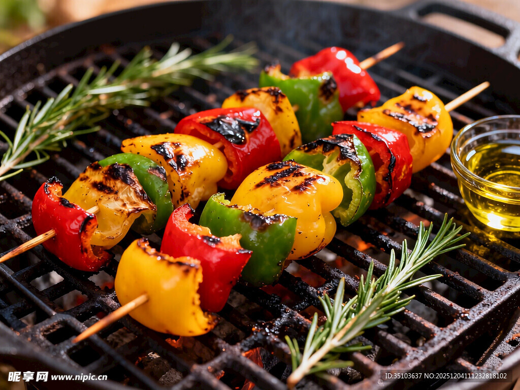 烤架上的多彩蔬菜串