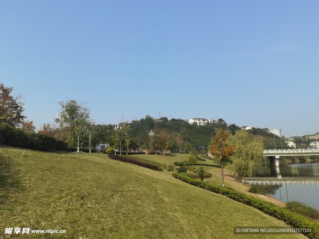 湖畔绿意盎然的自然风光