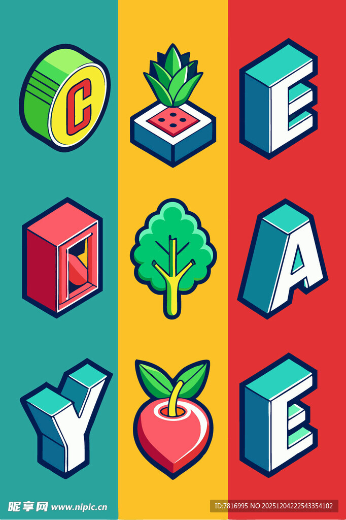 多彩立体字母与物品图案