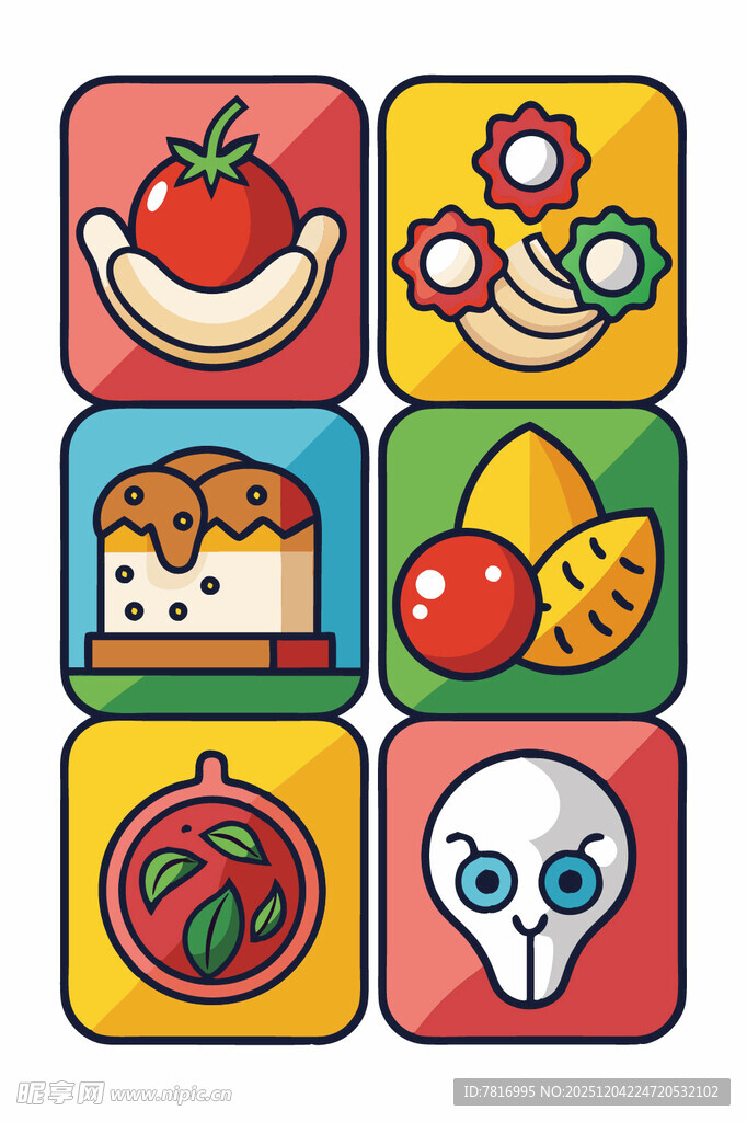多彩食物与骷髅图标集合