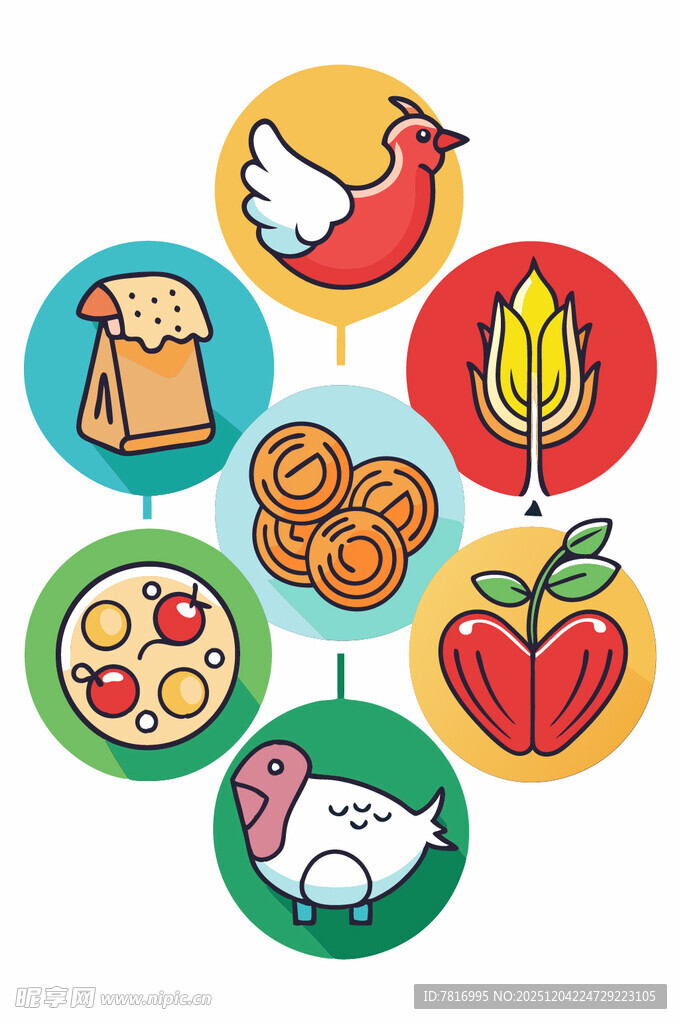 多彩美食与动物图标集合