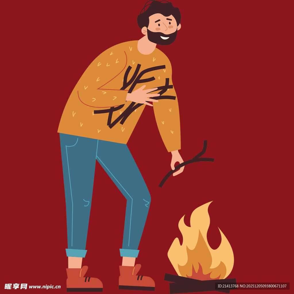 男子户外生火取暖场景