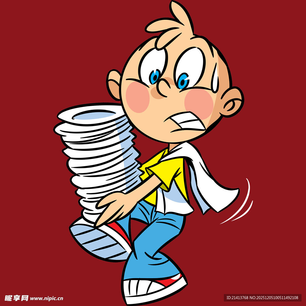 男孩奋力搬着一摞盘子