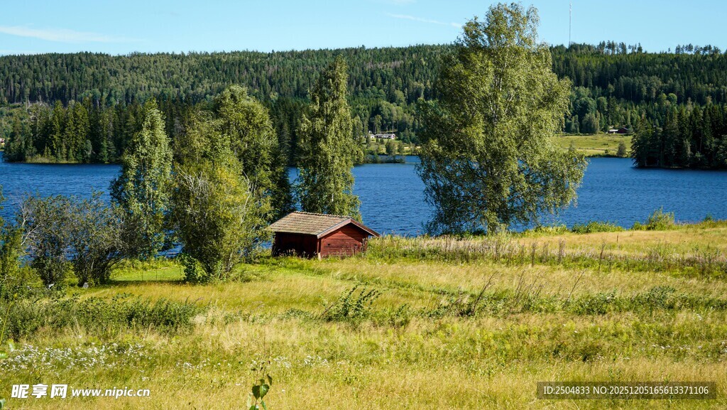 湖畔草地中的红顶小屋