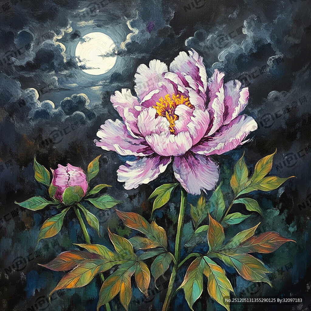 扎染 牡丹 夜色 月光 油画