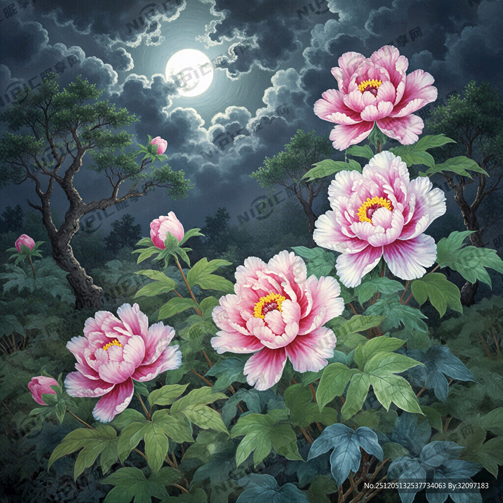 扎染 花草树木 牡丹花 夜色