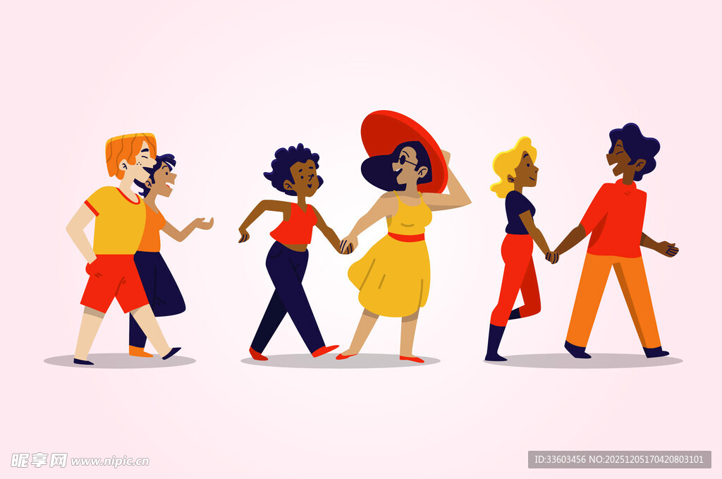 多彩人物欢快并肩前行