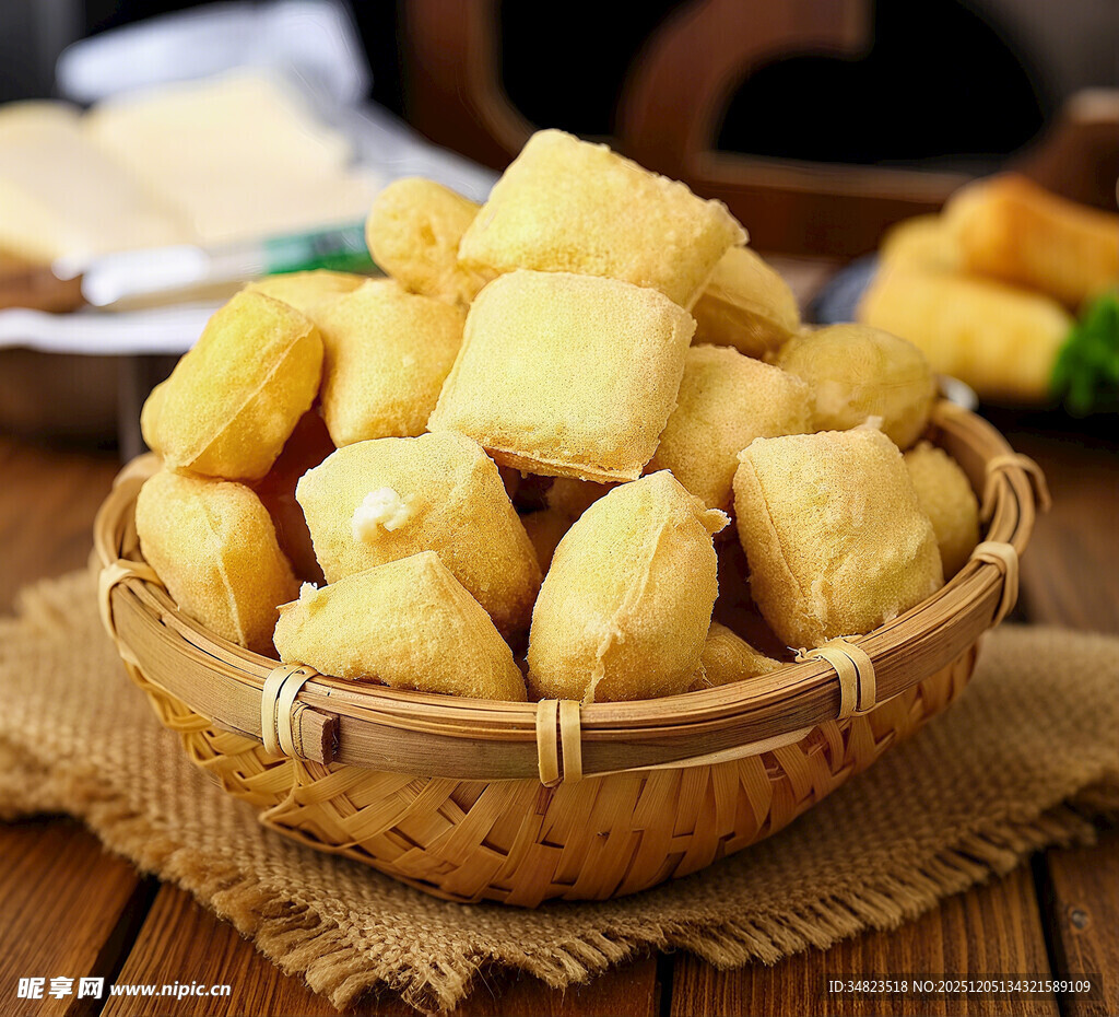 竹篮里的美味金黄包浆豆腐