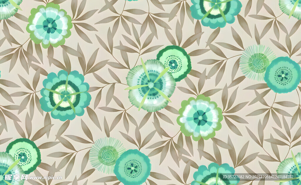 清新绿花几何图案背景