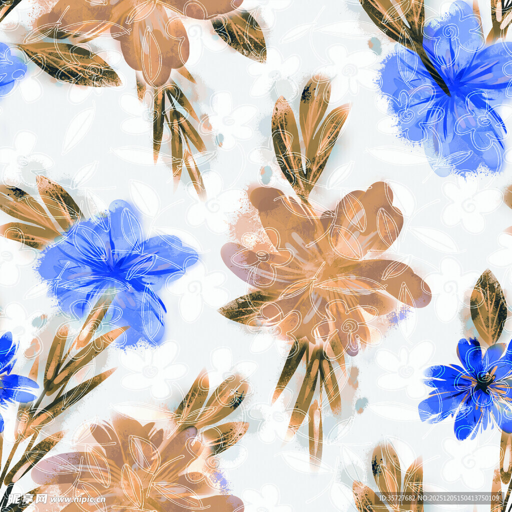 水彩花卉图案蓝棕花朵