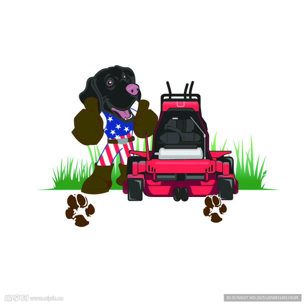 美国风狗狗与红色割草机