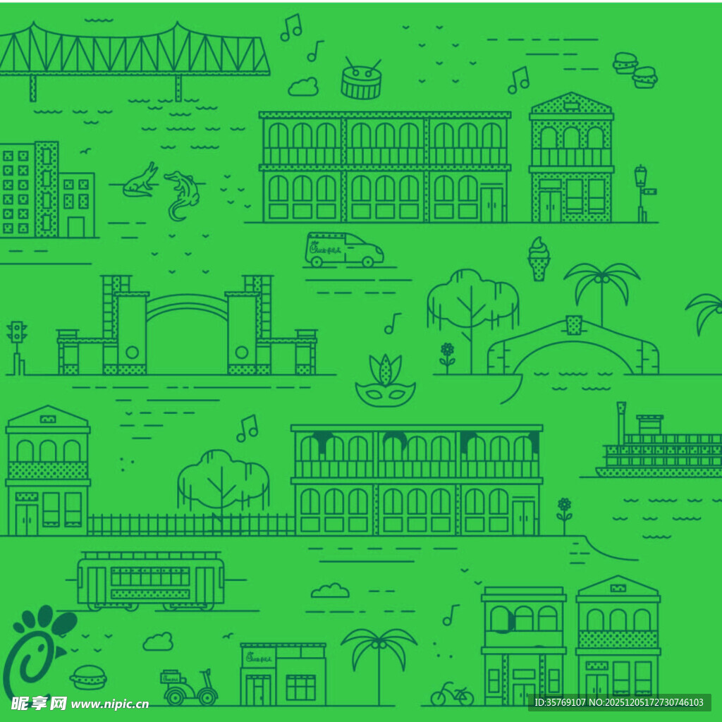 手绘绿色工业与乡村场景图