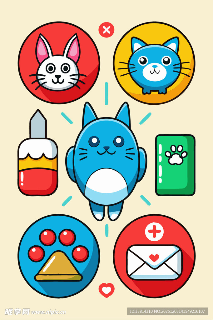 可爱动物与图标集合