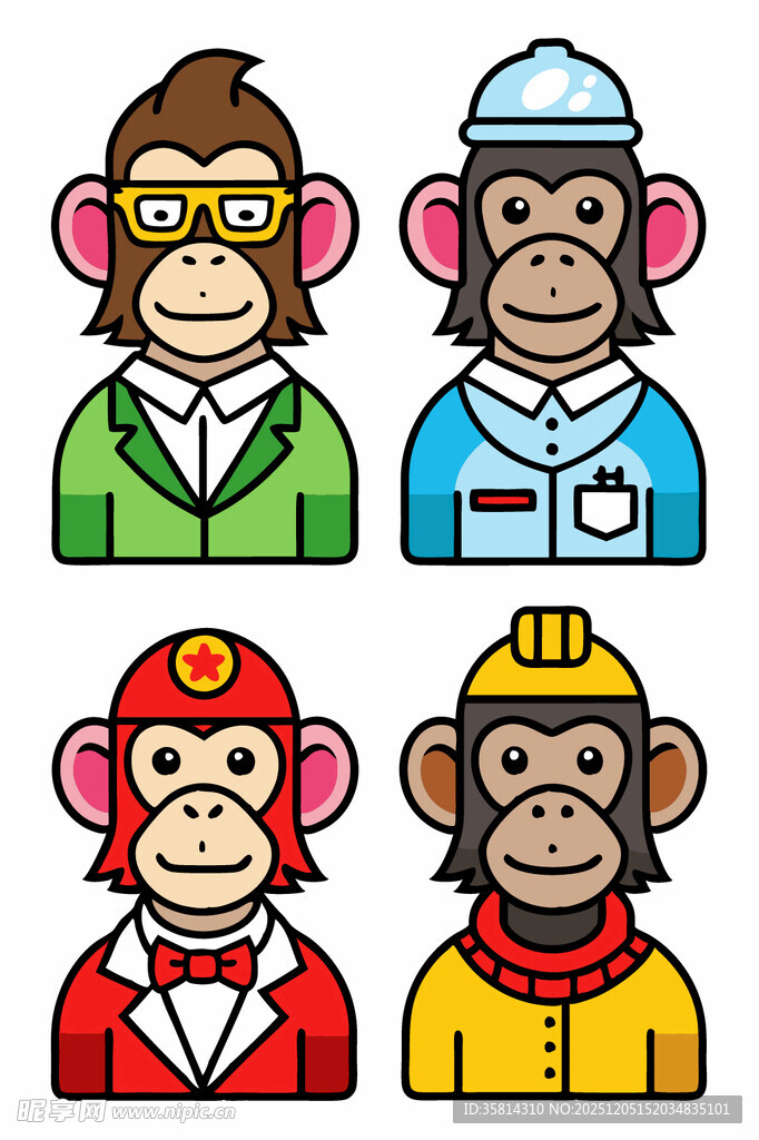 四只个性猴子卡通形象