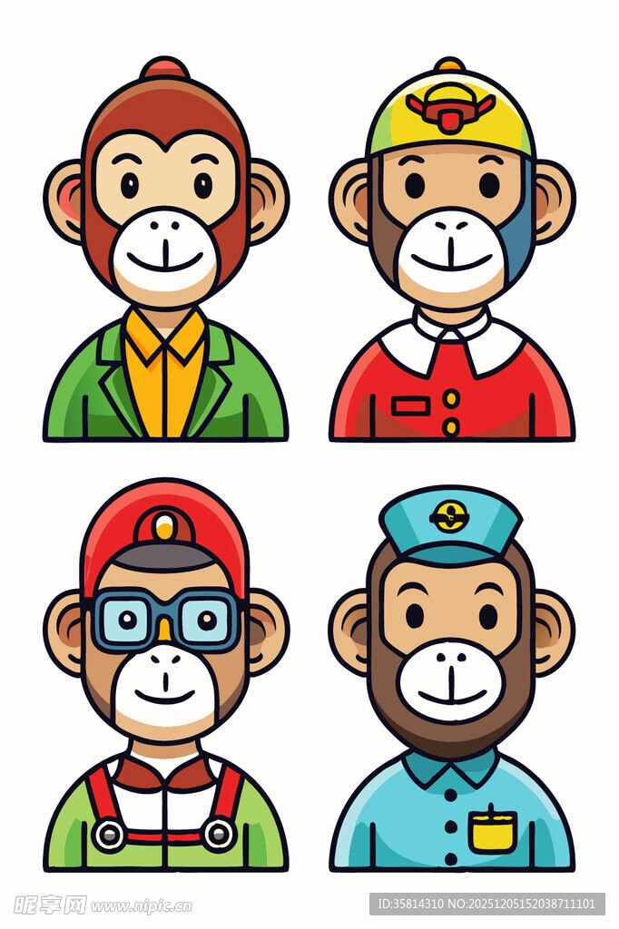 四只个性装扮的猴子形象