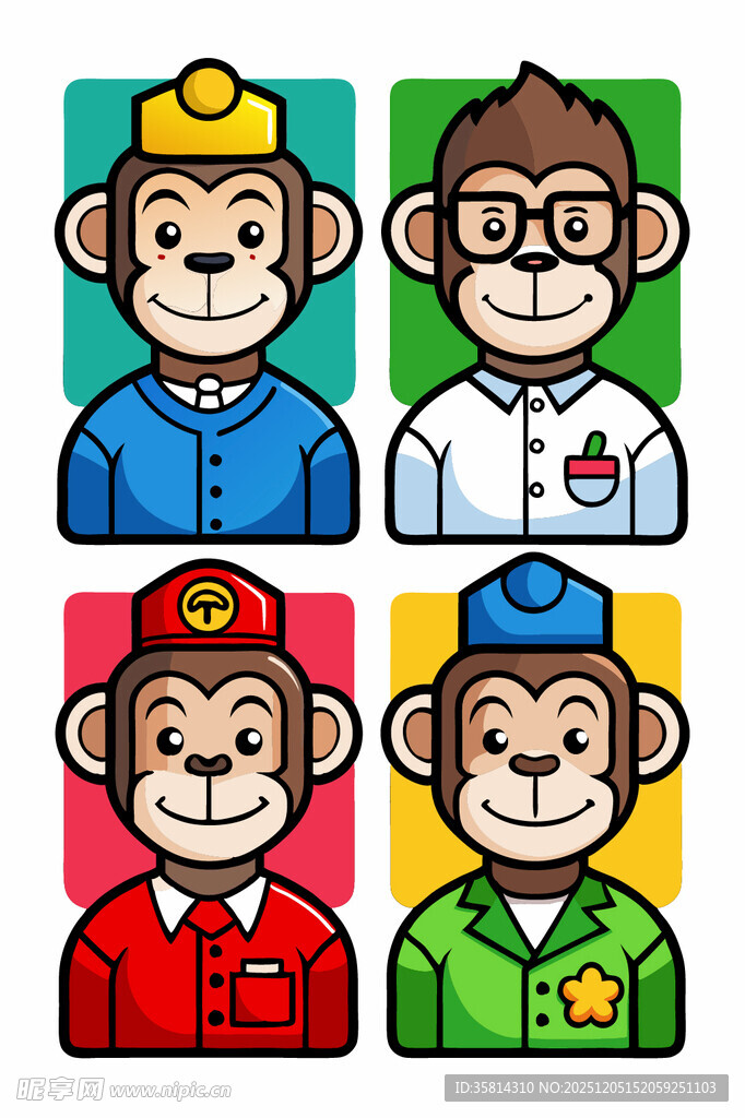 四只职业装扮的卡通猴子