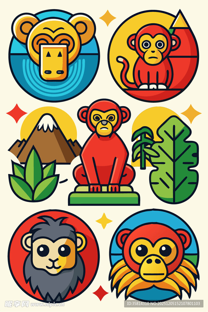 多彩猴子动物图标集合