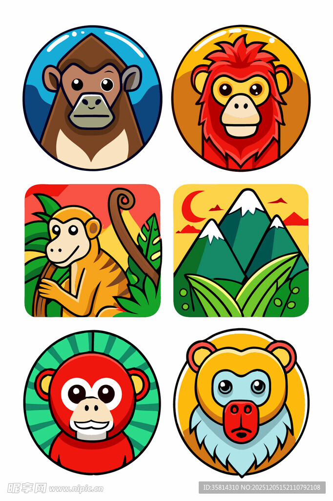 多彩猴子卡通图标集合