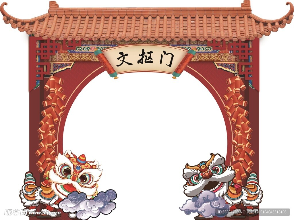 中式门楼舞狮装饰元素
