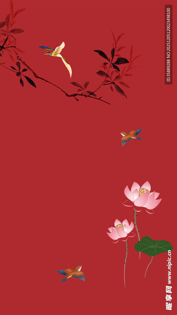 中式红底花鸟荷花图景