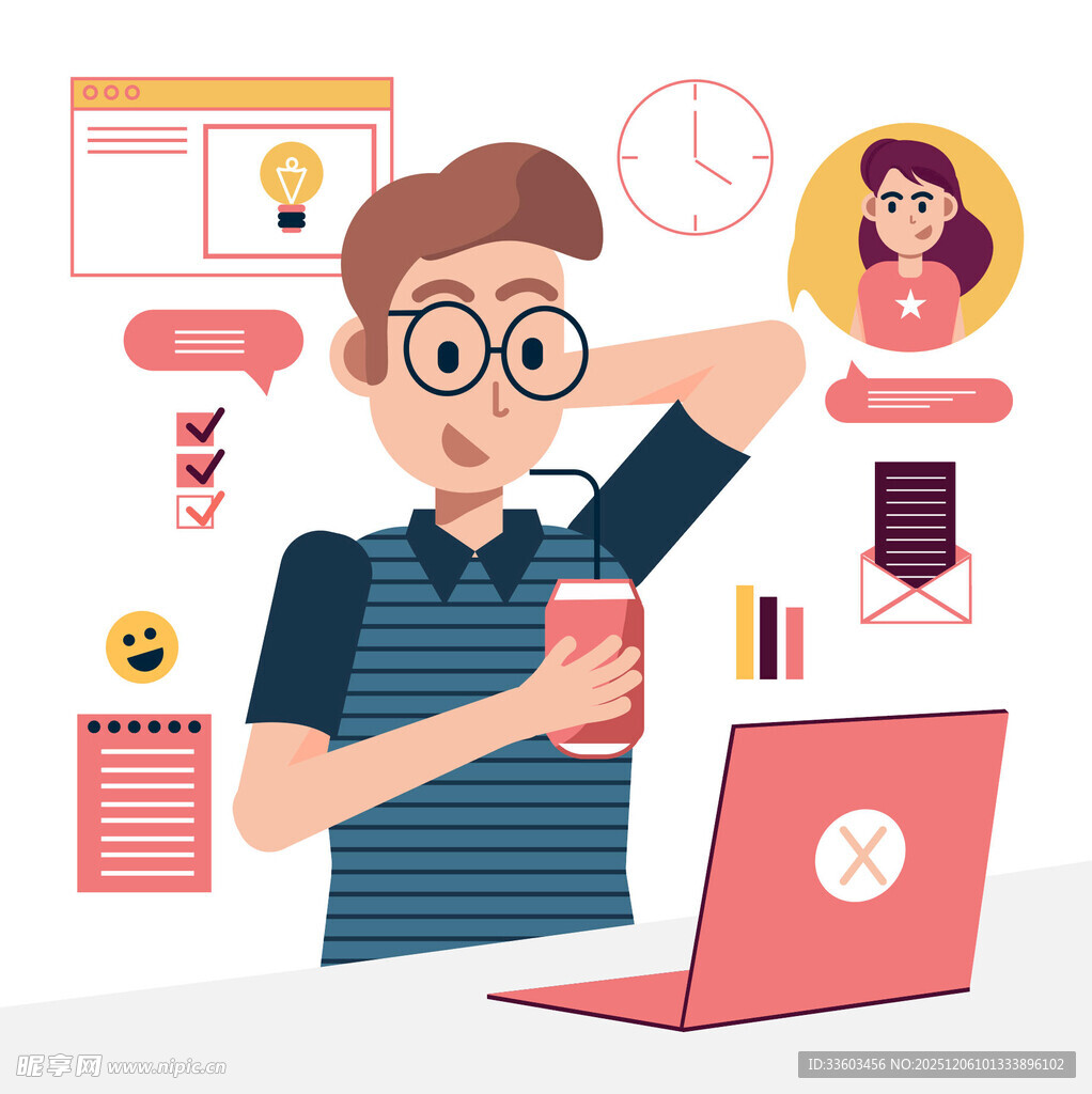 忙碌办公的男士与多样元素