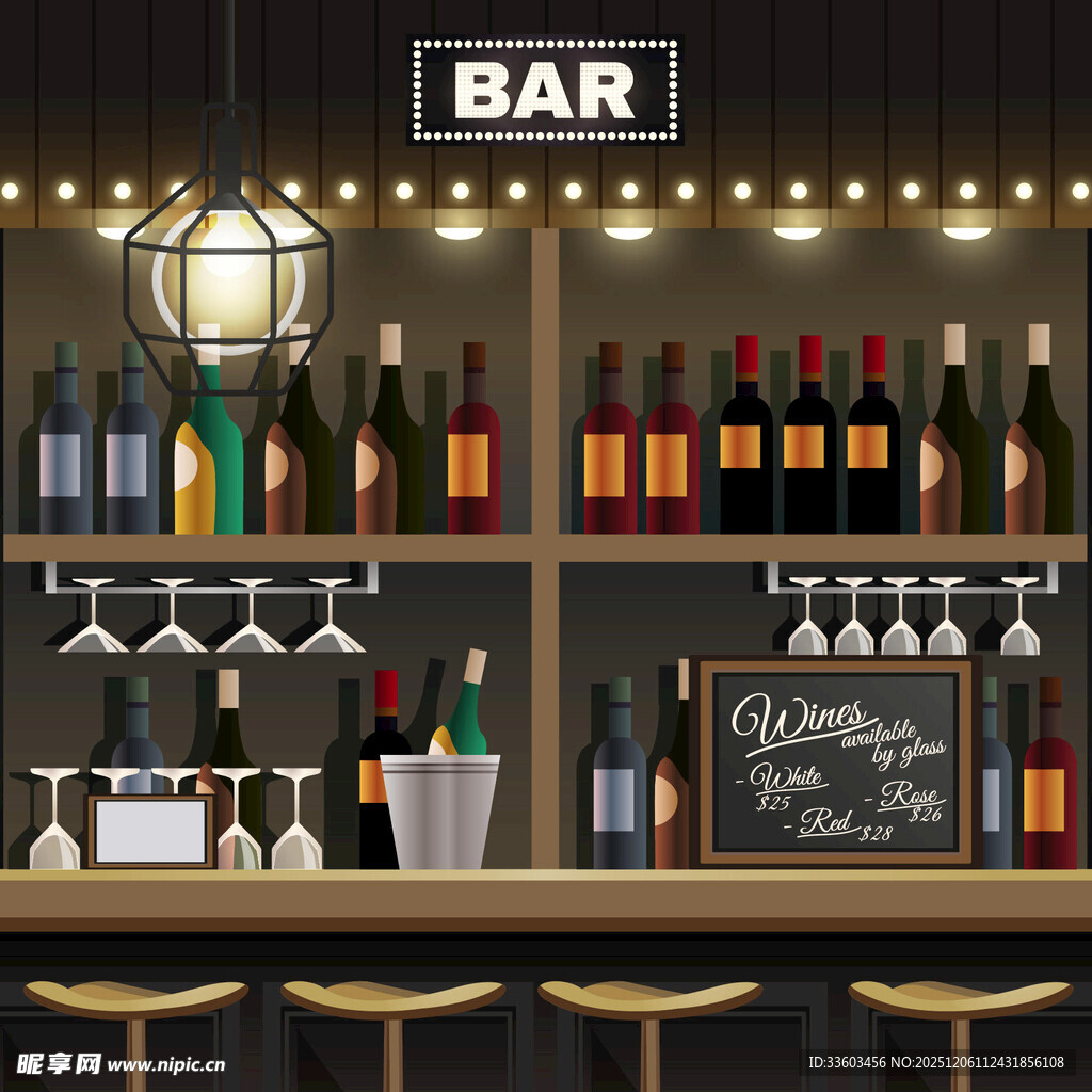 酒吧吧台的精致酒水陈列