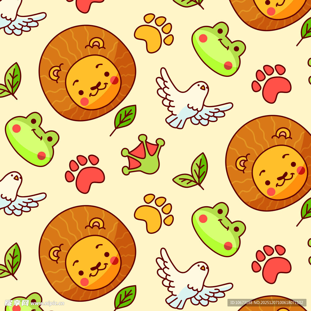 可爱动物花卉无缝图案