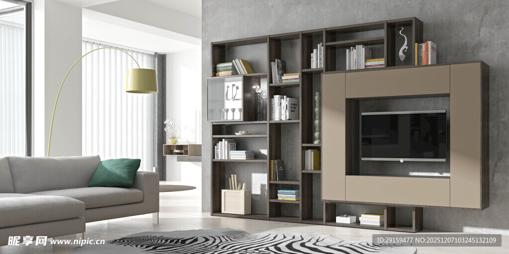 现代客厅壁炉与置物架设计