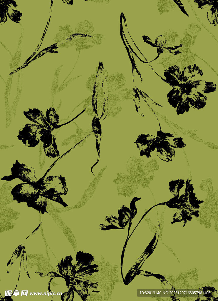 绿色底黑色花卉图案背景
