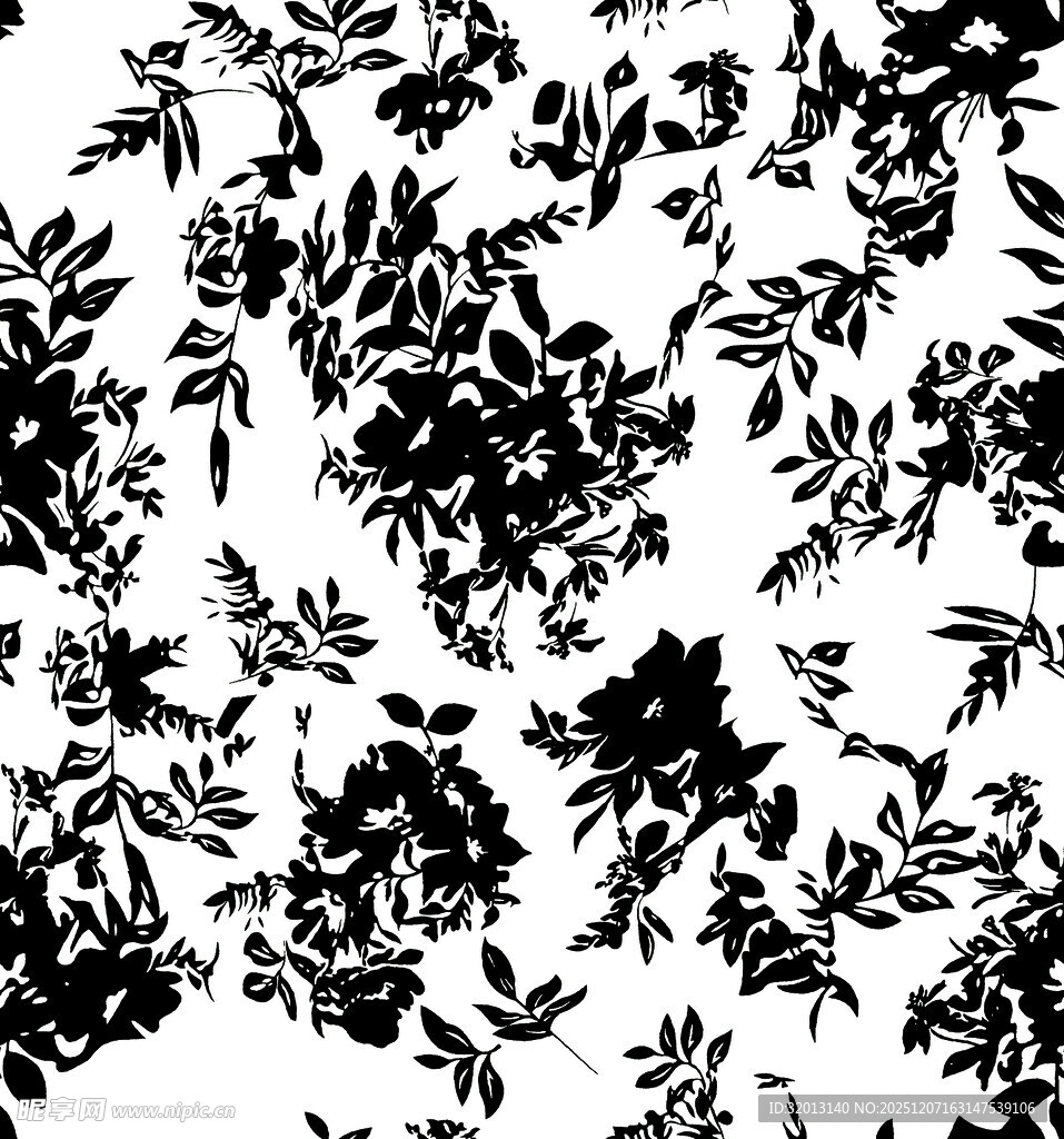 黑白花卉枝叶图案