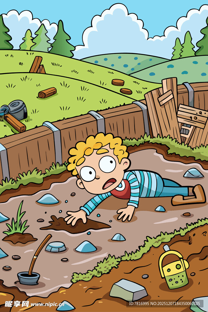 男孩在院子里专注挖洞